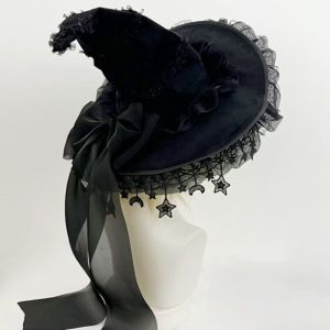 CUBBY Lace Halloween Hat Star and Moon Pendant Bow Ribbon Wizard Cap Party Headwear Tall Pointed Cone Top Lolita Witch Hat Halloween Party