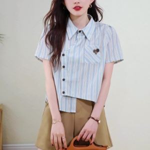 AMMIN 2025 Summer New Simple Turn-down Collar Fashion Pocket Design Striped Print Short Sleeve Shirt for Women Korean Style Irregular Single-breasted Design Sense Unique Short Elegant Blouse