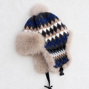 HEALMEYOU Geometric Pattern Winter Trapper Hat Thickened Material Ear Protection Fleece Lined Cap Windproof Skiing Headwear Aesthetic Style Knitted Jacquard Beanie Outdoor Sports