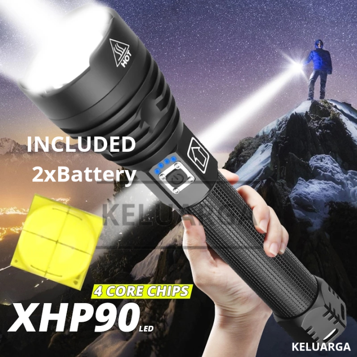 thumbnail image 2 of Rechargeable 990000LM XHP90 LED Tactical Flashlight - Super Bright, USB-C, Power Bank (2x26650) 2 of 6
