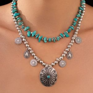 SUTONGXUE CCB Beaded Irregular Stone Necklace Round Pendant Carving Pattern Clavicle Chain New Vintage Multi Layer Necklace Women
