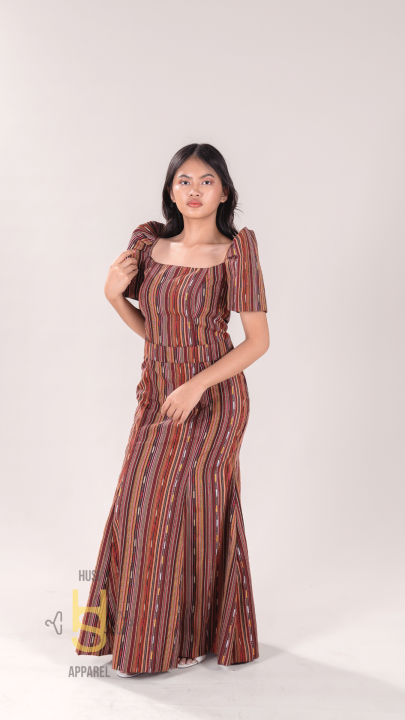 HUSI Women's Burnt Red Inabel Serpentina Ethnic Filipiniana Dress ...