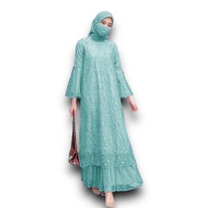 GAMIS MAXI ANGELA/ FULL BRUKAT TULEE/ DEPAN DAN BELAKANG/DRESS WANITA TILE DOT FREE MASKER