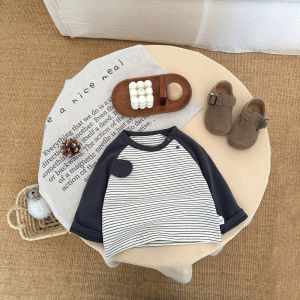 Boys Spring and Autumn Korean Style Long Sleeve Shirt Baby Striped Round Neck Versatile Top T Stylish baby raglan sleeve shirt for going out