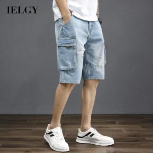 IELGY Denim Shorts Mens Summer Thin Workwear Multi-Pocket All-Match Casual