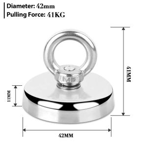 D42 Fishing Magnet 50KG Pulling Force Super Strong Round Neodymium Rare Earth Magnet with Countersunk Hole Eyebolt Magnet Strong Permanent Salvage Fishing Hook Metal Treasure Hunt Magnetic Recovery