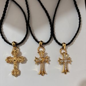 Ćhřomę & Ĥeaŕts S925 Personalized Design Golden Cross Leather Rope Pendant Necklace for Couples with The Same Style