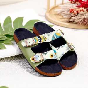 Sandal Wanita Terbaru Flats 2 Gesper Leaf Selop Printing Motif Nyentrik