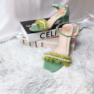 Giày cao gót vuông 5p quai ngang phối dún ren kết hạt châu cực xinh - SD08