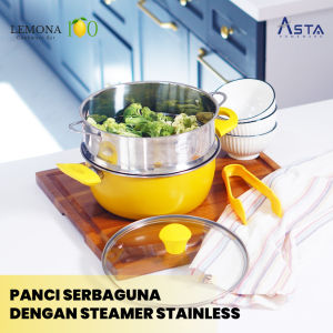 Asta 4In1 Panci Kukus Soup Pan 24 Cm Steamer 2 Susun 304 Stainless Steel Tutup Kaca Tongs Anti Lengket Lemona 100