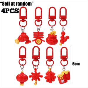 4PCS Chinese New Year Series Pendant Keychain Cute Red Packet Envelope Lantern Bag Pendant Chinese Knot Lucky Charms Backpack Decoration Spring Festival Supplies
