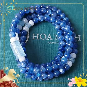 Vòng tay chuỗi 108 hạt đá Kyanite (Sapphia nước) size 5.8 li VIP phối viên bánh xe cẩm thạch hạt tròn lu thống đá Aquamarine chạm khắc đẳng cấp sang trọng | Hoa Minh Gem