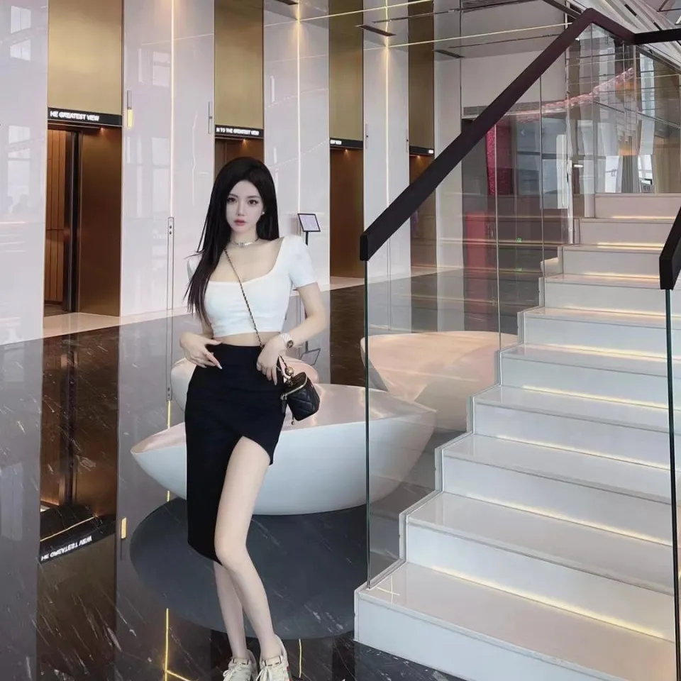 SONDR Fashion Dress Women Korean Style Plus Size New Suit Skirt Square  Collar Shows Thin Elastic Tight T-shirt Women + Split Skirt Hot Girl  Exposed Navel All-match Top Skirts for Women -