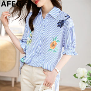 AFEG Korean version shirt collar fashion loose temperament printed striped short sleeve blouse for women