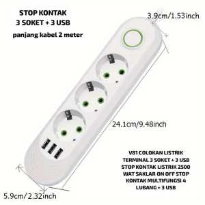 V81 ORI STOP KONTAK 3 LUBANG USB 2 METER COLOKAN LISTRIK TERMINAL SOKET PORT PANJANG 2M SETRUM DAYA.
