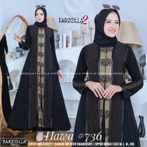 HAWA 736 Gamis Abaya Hitam Mewah Busui/Ziper Depan Aplikasi Mote dan Bordir