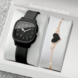 LONGB 2PCS/Set Square Dial Women Quartz Watch Heart Bracelet Quartz Movement Women Watch Casual Silicone Strap Arabic Dial Watch Women Girl