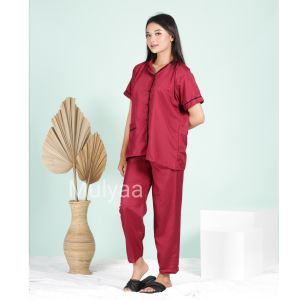 Piyama Wanita Lengan Panjang Pendek Bahan Katun Silk  Fit To XL LD110 Motif Polos Setelan Baju Tidur