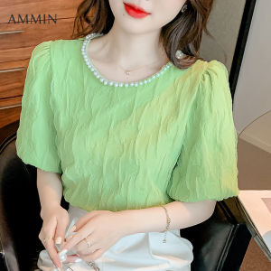 AMMIN Áo Cánh Thanh Lịch Và Ngọt Ngào Dập Nổi Thủ Công Cổ Tròn Tay Ngắn Đính Chuỗi Ngọc Trai Mới Mùa Hè 2022 Áo Voan Phong Cách Hàn Quốc Tay Bồng Nhún Hoài Cổ Cho Nữ Áo Sang Trọng Cho Nữ