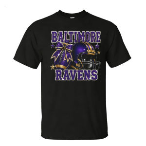 [Local Stock] HBESTY  Baltimore Ravens Purple Glitter Football Helmet Bow Graphic Men Summer Cotton T Shirt Football Team Fan Short Sleeve Apparel