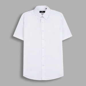 Áo Sơ Mi Nam Ngắn Tay Cổ Button Down Trắng Đen Vải Lụa Cotton Dáng Slim Fit Ôm Vừa Phải Công Sở