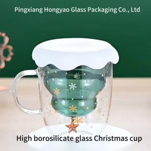 Merry Christmas Cof Cup Set Double Wall 3D High Borosilicate Glass Mug with Tree Design for Parties and Gift Giving