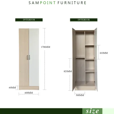 Almari 2 pintu -Sampoint 2 Door Wardrobe~Almari Baju 2 Pintu~Size Width 60cm X High 1706cm~With Drawer and Multiple Shelves~Suitable For Student Dormitories And Small rooms~Ready Stock