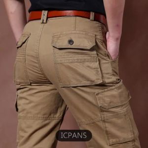 Mens Cotton Cargo Pants Military Safari Green Multi-Pocket Baggy Denim Casual Jogger Autumn