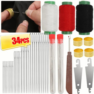 34pcs Stainless Steel Sewing Needles Set Embroidery Cross Large Eye with Thread Multi Size DIY Clothing Sewing Manual Tools