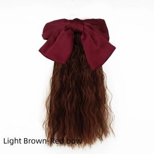 SDFSF Daily Long Soft Princess Fluffy Kids Headwear Birthday Gifts Kids Girls Red Bows Knot Ponytail Heat Resistant Hair Extensions Children Curly Ponytail Wig