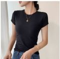 BASIC Double Lining Full Length Top Short sleeve Basic Plain T Shirts Top for women Cotton Spandex Slim Fit Body Hugging T-shirt Top XS-S free size. 