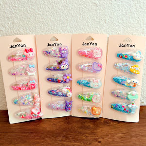 5Pcs Sanrio Kuromi Girls Hairpins Kawaii Cinnamoroll Baby Hairclip Melody Princess Flowing Sand Hair Barrette Sanrio Accessories