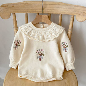 Korean Style Toddler Baby Girl Romper Knitting Long Sleeve Flower Embroidery Autumn Spring Newborn Baby Girl Knitting Jumpsuit2026