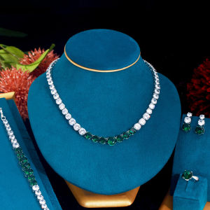 SEQUITO Trendy Luxury 4Pcs Jewelry Silver Plated Full Pave Setting White Red Round AAAAA Cubic Zirconia High Grade Bridal Wedding Necklace Earrings Bracelet Ring Set SJ274
