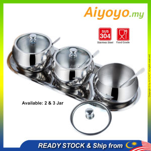 Stainless Steel Seasoning Jar Set 304 Tray Spoon Spice Container Condiment Box Can Bottle Bekas Rempah Botol Perasa Dapur Salt Sugar Pepper Chili