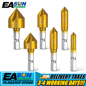 6 Pcs Countersink Drill Bit Set 1/4 Hex Shank HSS 5 Flute Countersink 90 Degree Wood Chamfering Cutter Chamfer 6mm-19mm