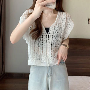 Summer Hollow Knit Crochet Top for Women Breathable Casual Short Sleeve Blouse