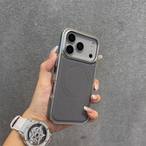 Retro Soft Leather Matte Case for iPhone 15 16 17 Pro Max MagSafe Plating Phone Case Luxury Pu Back Cover Non-slip Gray Carcasas