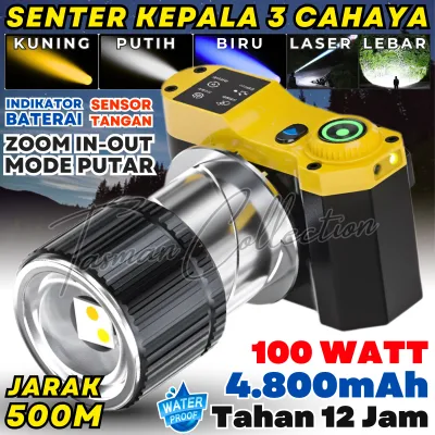 100 Watt Senter Kepala 3 Warna Cahaya Putih Kuning Biru / Sensor Tangan / Teleskop / 100 Watt / 4800mAh / Tahan 12 Jam / Headlamp ZXT-818-3 Premium WH-818