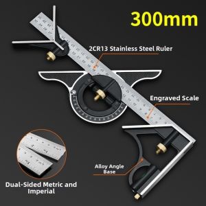 LONGB 300mm Thước đo đa năng Thước thủy 3 trong 1 Dụng cụ đo lường kỹ sư Độ chính xác Thiết bị đo lường di động Thước đo góc vuông Dành cho nghề chế biến gỗ