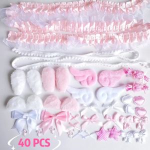 BELLETEN 40Pcs/Set Pink Handmade Material Pack Plush Ear Pain Bag Bow Lace Accessories Set Durable Card Cover Decoration Colorful Material Pack Set