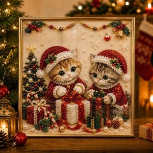 RANG 1 Set Christmas Kitty Theme Diamond Painting Art Kit 3D Pearl Effect DIY Kitty Diamond Painting Kit Handmade Pearl Art Kit Christmas Craft Decoration