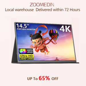 ZOOMEDIN 14.5”/15.6/18.5 4K UHD Portable Monitor with 1500:1 Contrast Ratio 100% sRGB USB-C HDMI HDR and Speakers for Laptop Gaming