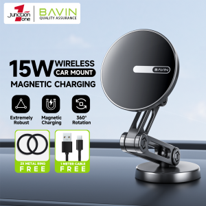 BAVIN PS66 15W Strong Magnetic Wireless Car Charger Foldable Metal Phone Holder Stand 360° Rotation w/ 2x Magnetic Ring