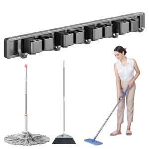 COD [Free Shipping] Multi-Functional Wall Mount Broom Holder with Hooks for Laundry and Cleaning Tools