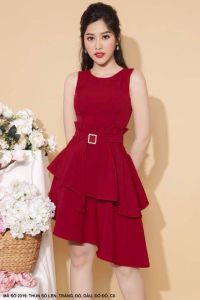 MyDu Shop | MS 2319 Đầm Sát Nách – Nhún Bèo 2 Tầng Thắt Nơ Eo Thanh Lịch