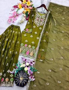 [PRE ORDER : 10 DAYS] Pure Fendy Silk Embroidered Kurti with Sharara and Dupatta Set 5mm Sequins Work Ready-to-Wear Ethnic Outfit for Women (M to XXL)