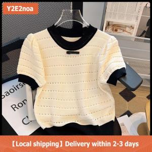 【Local shipping】 Summer Sweet Hollow Out Knitted T-shirt Women Contrast Color Round Neck Short Sleeve Crop Top