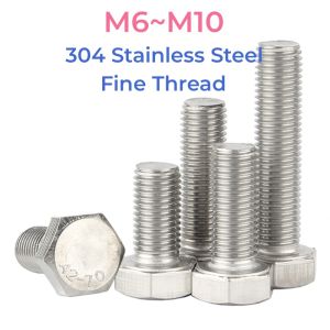 304 Stainless Steel Fine Thread External Hexagon Head Screws M6 M8 M10 Outside Hex Head Bolts Pitch 0.75/1.0/1.25mm