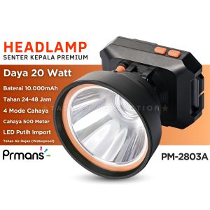 Senter Kepala Terbaru Tahan 48 Jam PRMANS PM-2803A Daya 20 Watt Baterai 10.000mAh Tahan Air Dan Benturan Warna Hitam Ready Cahaya Putih Cas USB Tipe-C Headlamp | Headligt LED Rechargeable